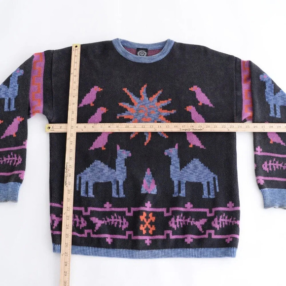 90S Loop Knitwear Black And Purple Aztec Camel Birds Crew Neck Sweater Medium - Picture 3 of 11